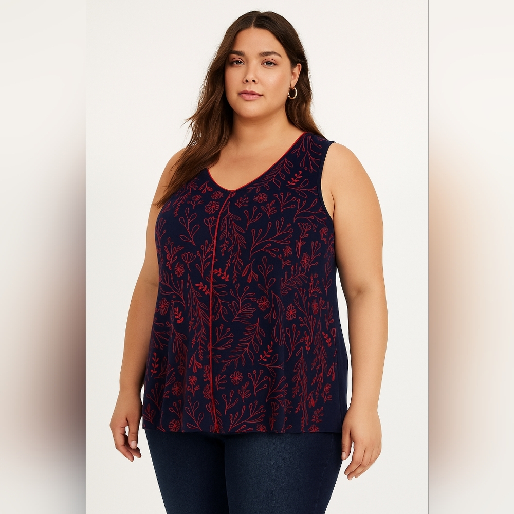 Edista Los Angeles XL Navy Red Floral Tunic Top Sleeveless Soft Relaxed Fit